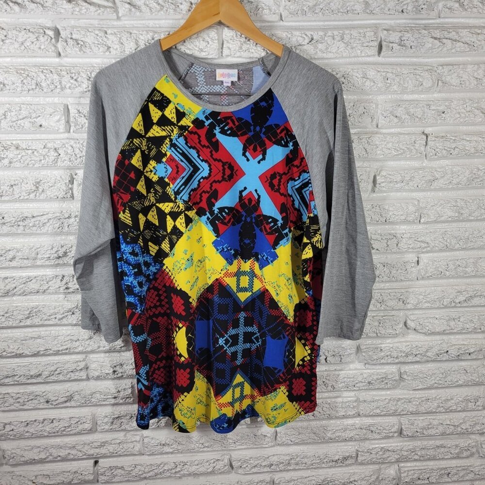 LuLaRoe‎ Women's 3XL Plus Size Top T-Shirt Red Blue Geometric Raglan GEO108E